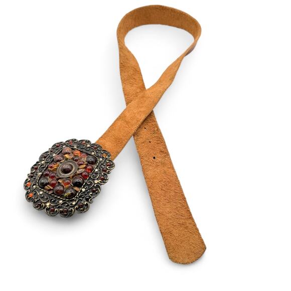 Vintage Handcrafted Beaded Leather Belt Western Boho Rustic Prairie Brass Buckle - Picture 2 of 9